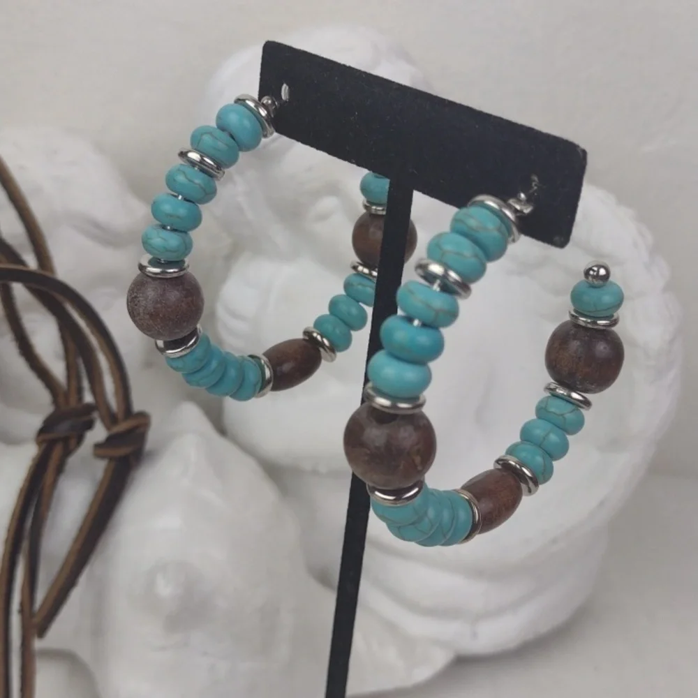 Turquoise Dark Wood & Silver Tone:Beaded Gorgeous Boho Hoop Earrings